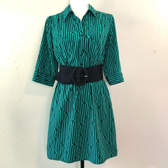 IZ Byer Green and Black Striped dress with 3.5 in wide woven elastic belt Sz M - Picture 10 of 14